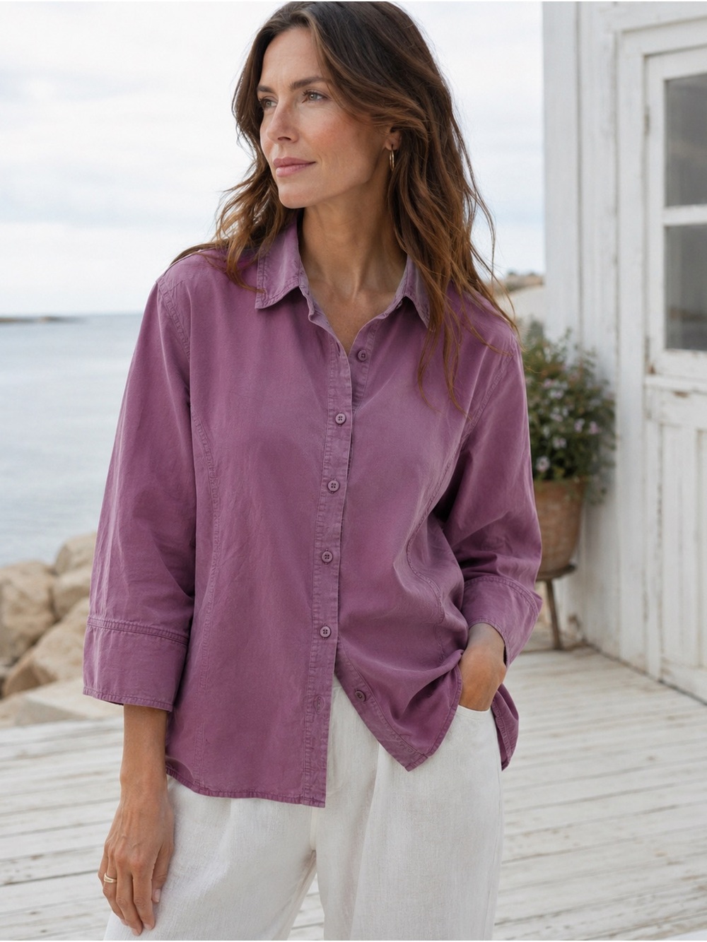 Northern Reflections Mauve Button-Down Shirt - Size L (100% Cotton)